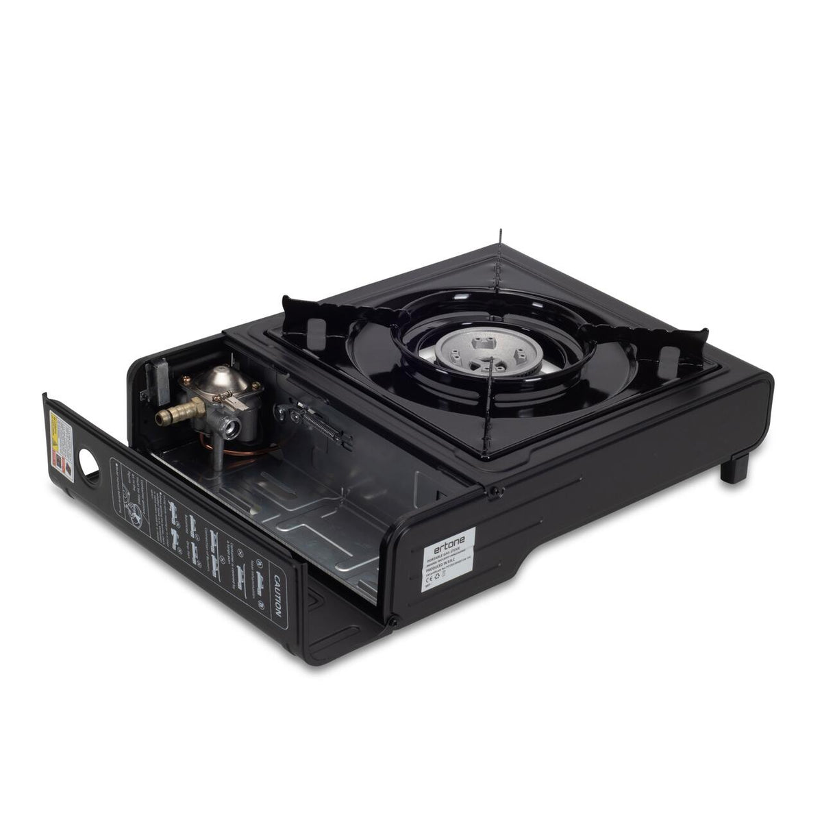 Aragaz portabil 2 in 1 camping Ertone ERT-MN232, Pentru butelie spray si standard, 2.2 kW, Aprindere piezo, Negru