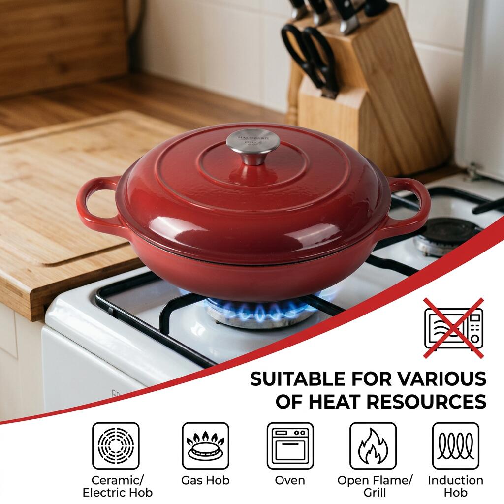 Oală Ovală din Fontă Emailată cu Capac Hausberg HB-H753RS, 26cm, 2L, Compatibilă Inducție și Cuptor, Finisaj Email Dublu