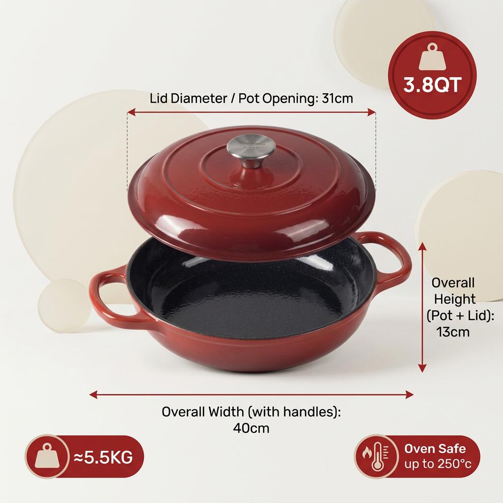 Oală Ovală din Fontă Emailată cu Capac Hausberg HB-H753RS, 26cm, 2L, Compatibilă Inducție și Cuptor, Finisaj Email Dublu