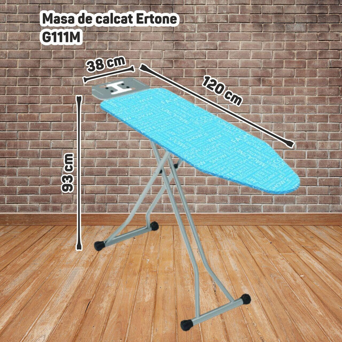Masa de calcat Ertone G111M, vopsea electrostatica, husa bumbac si poliester, suport pentru fierul de calcat, priza incorporabila, 38 x 93 x 120 cm