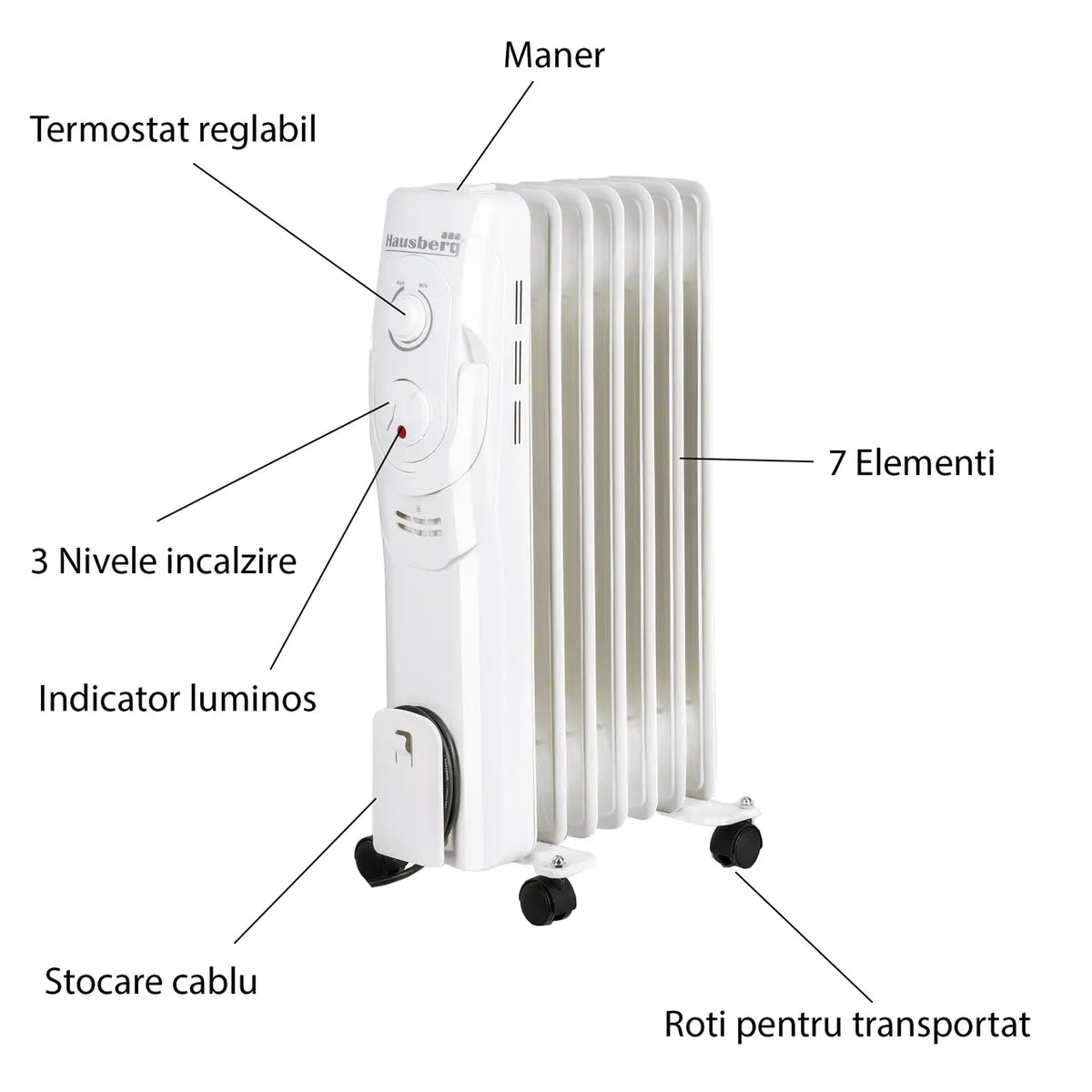 Calorifer electric Hausberg HB-8900AB, 1500 W, 7 elementi, 3 nivele de putere, termostat reglabil