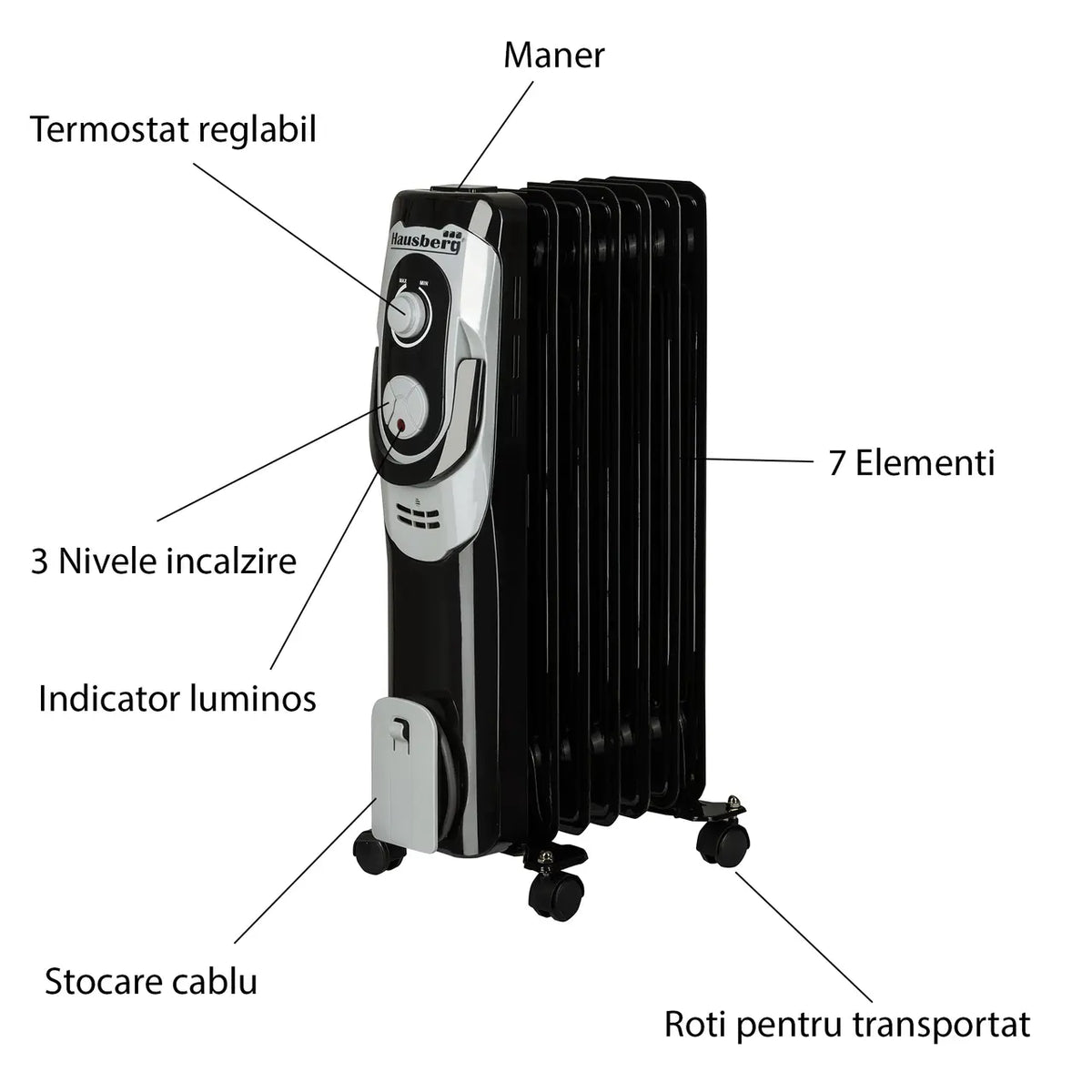 Calorifer electric Hausberg HB-8900NG, 1500 W, 7 elementi, 3 nivele de putere, termostat reglabil