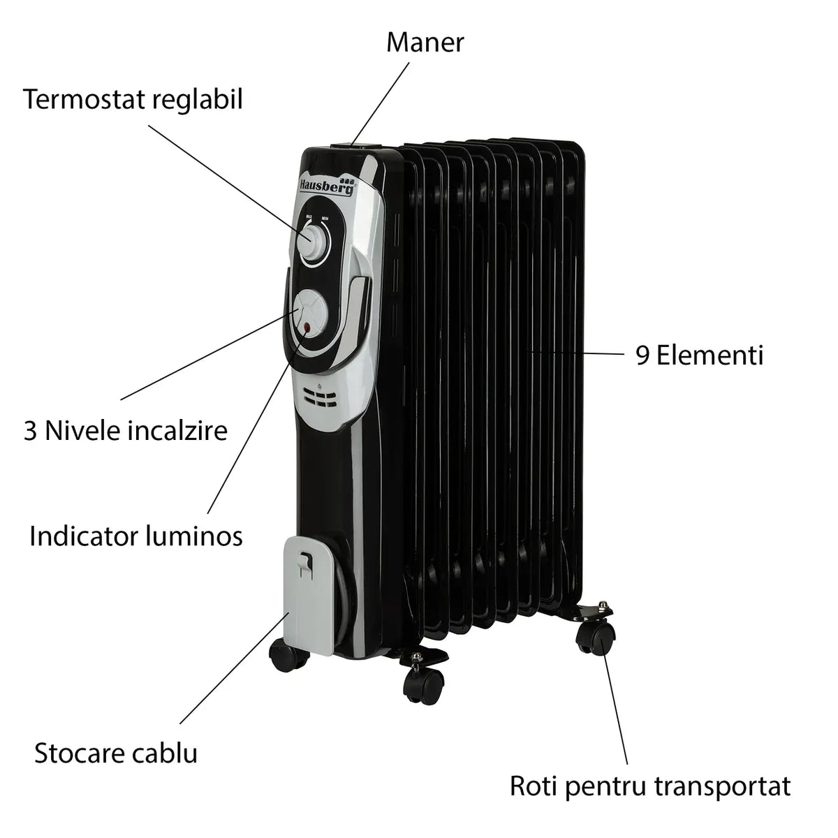 Calorifer electric HAUSBERG HB-8910NG, 2000W, 9 elementi, 3 nivele de putere, termostat reglabil