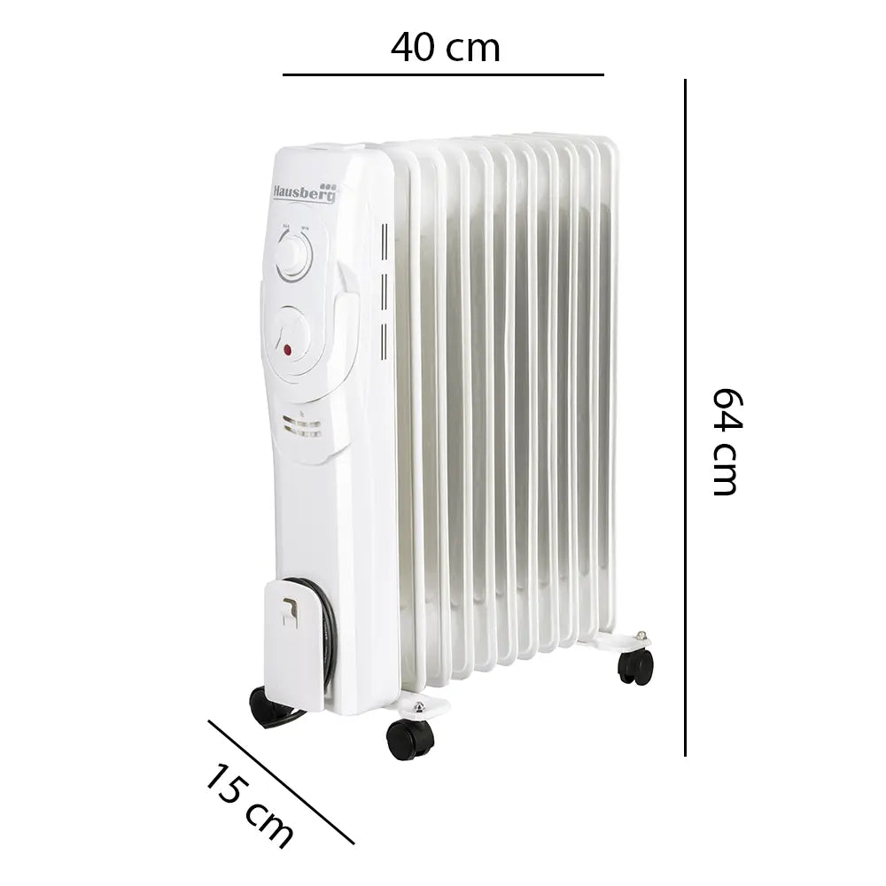 Calorifer electric Hausberg HB-8920AB, 2500 W, 11 elementi, 3 nivele de putere, termostat reglabil, Alb