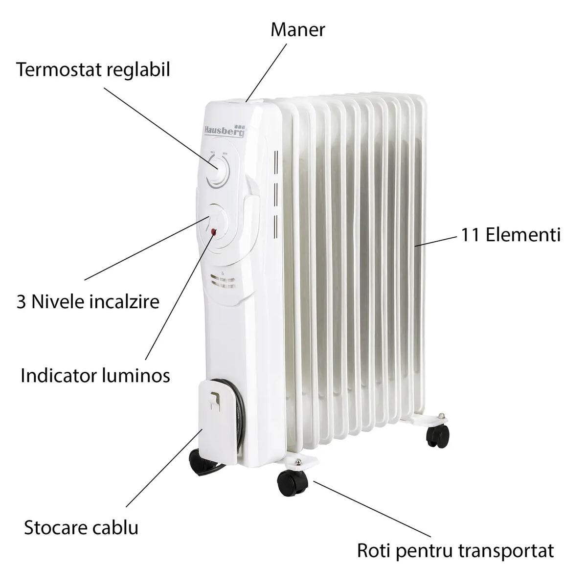Calorifer electric Hausberg HB-8920AB, 2500 W, 11 elementi, 3 nivele de putere, termostat reglabil, Alb