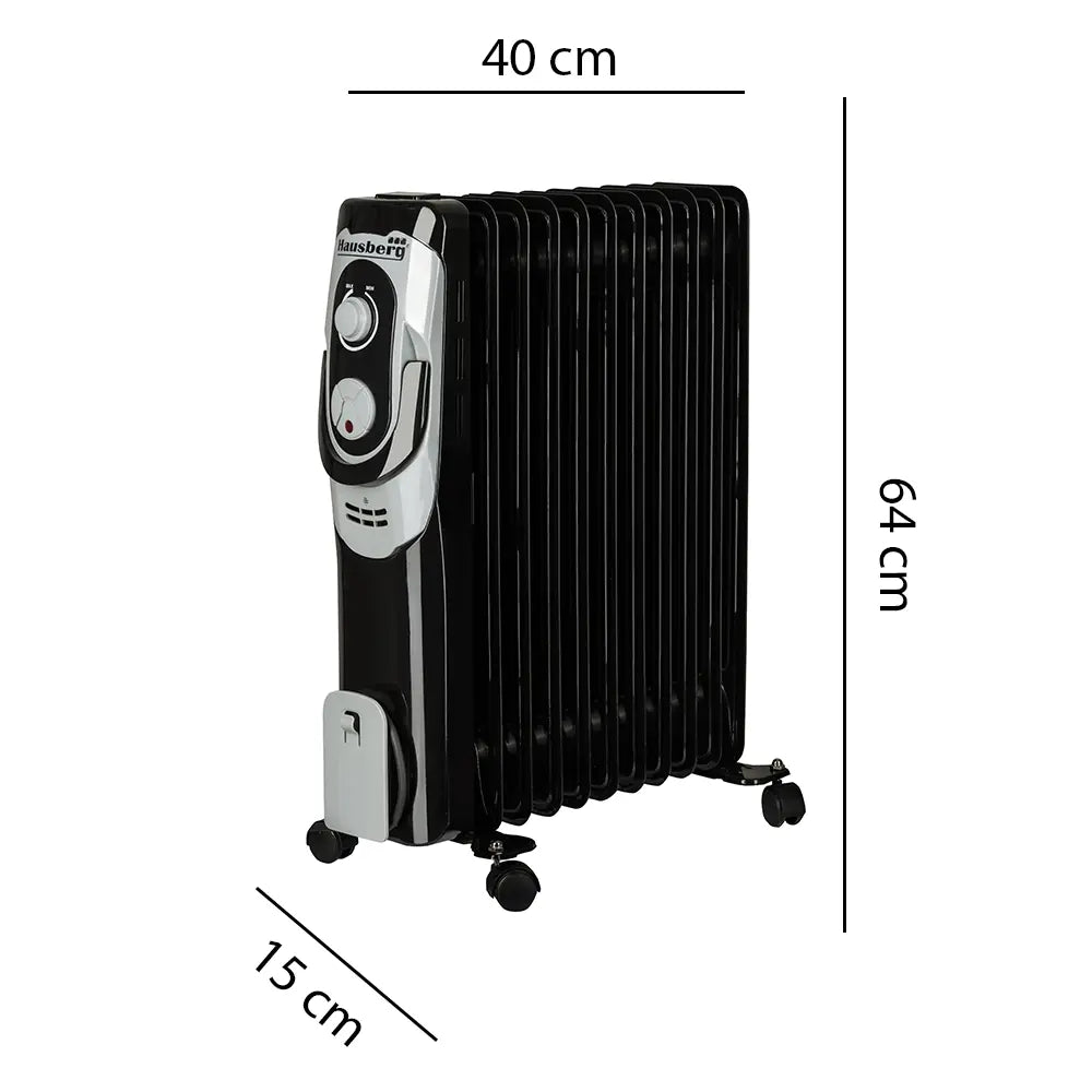 Calorifer electric Hausberg HB-8920NG, 2500 W, 11 elementi, 3 nivele de putere, termostat reglabil, Negru