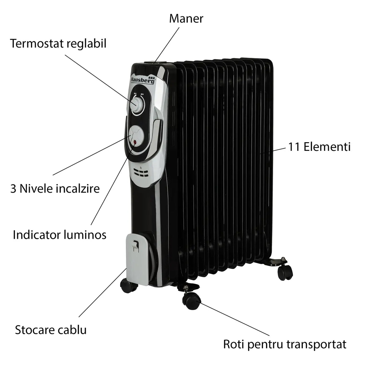 Calorifer electric Hausberg HB-8920NG, 2500 W, 11 elementi, 3 nivele de putere, termostat reglabil, Negru