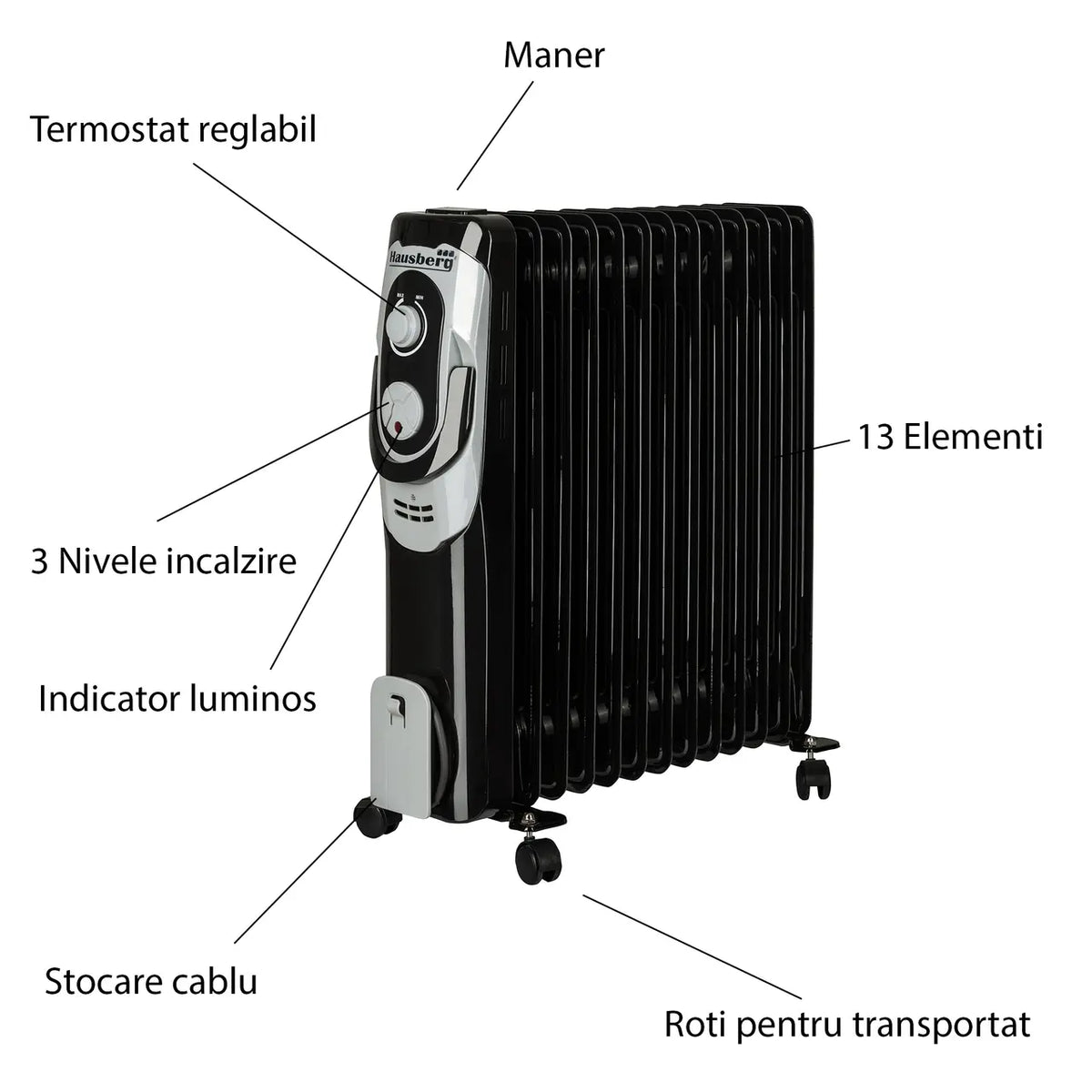Calorifer electric HAUSBERG HB-8930NG, 2500 W, 13 elementi, 3 nivele de putere, termostat reglabil