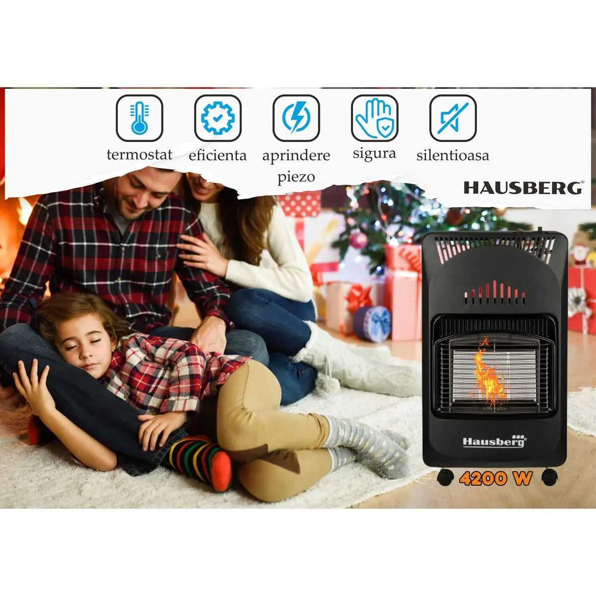 Pachet Soba pe gaz GPL HAUSBERG HB-1010NG, aprindere piezo-electrica, 4.2kW, Negru, Ceas butelie, 1m furtun gaz MN2015 si 2 coliere furtun