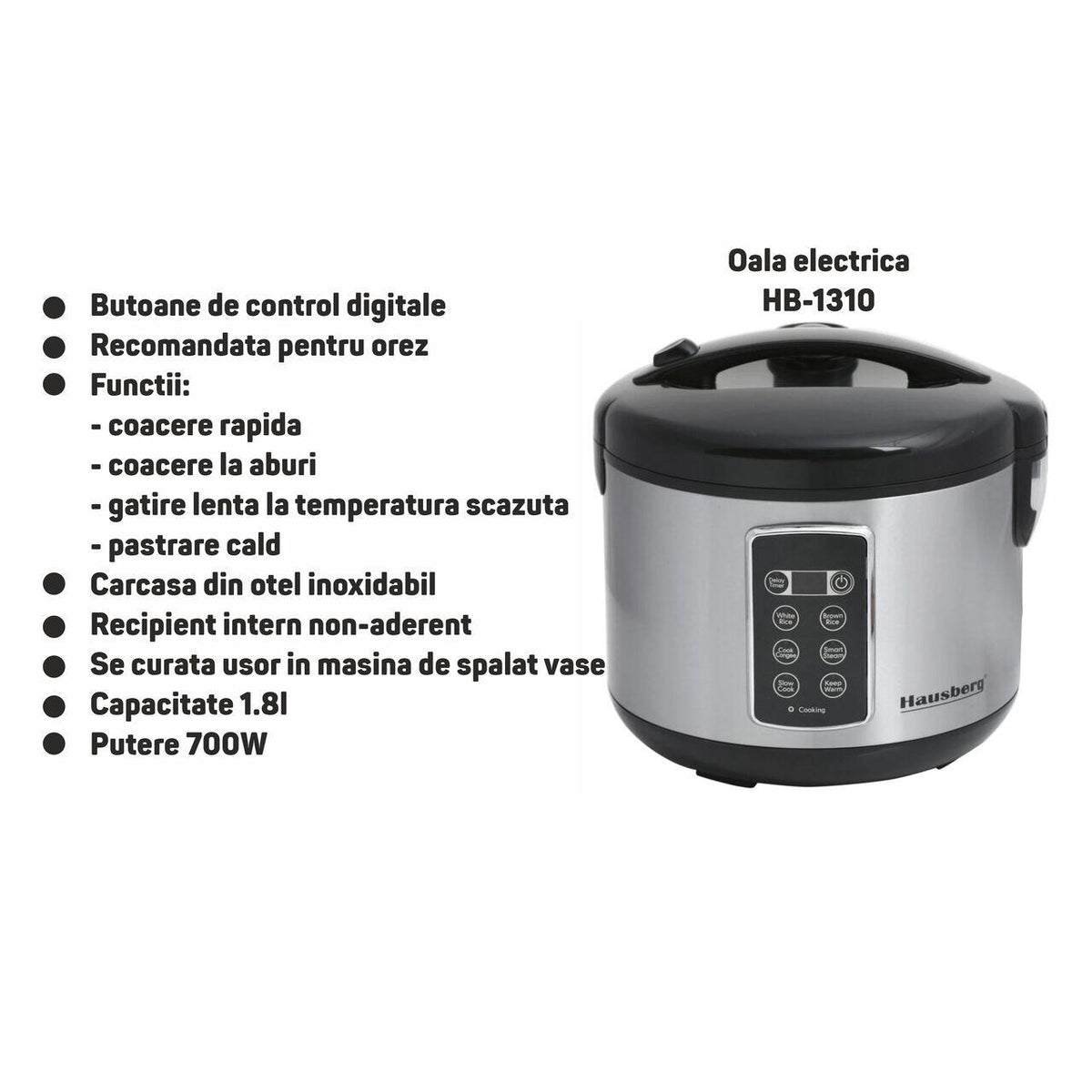 Oala electrica HAUSBERG HB-1310 ,Control digital ,Putere 700W, Capacitate 1.8L