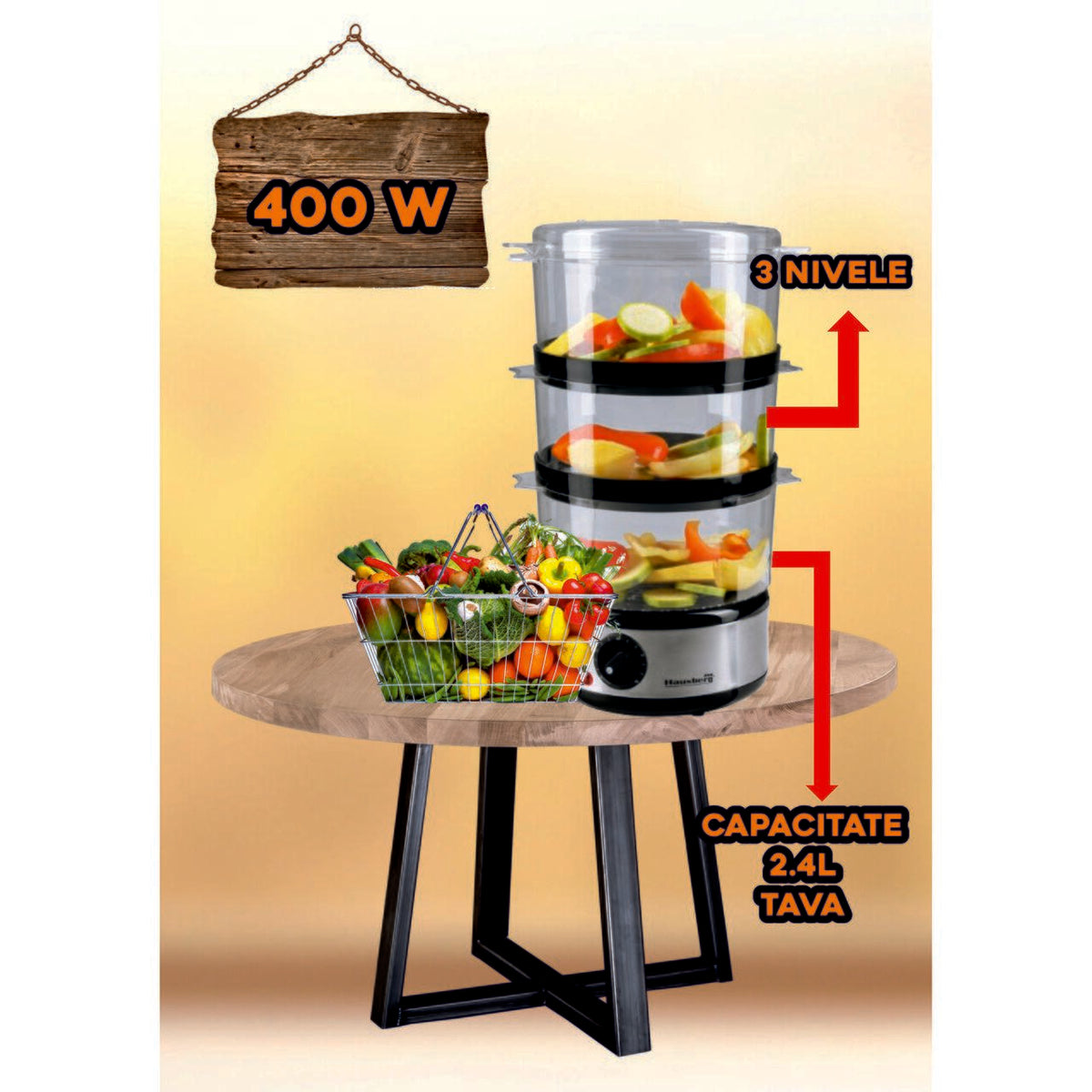 Aparat de gatit cu aburi Hausberg HB-1355, Putere 400 W, 7.2 L, 3 tavi demontabile, capacitate: 2.4 L /tava, Argintiu