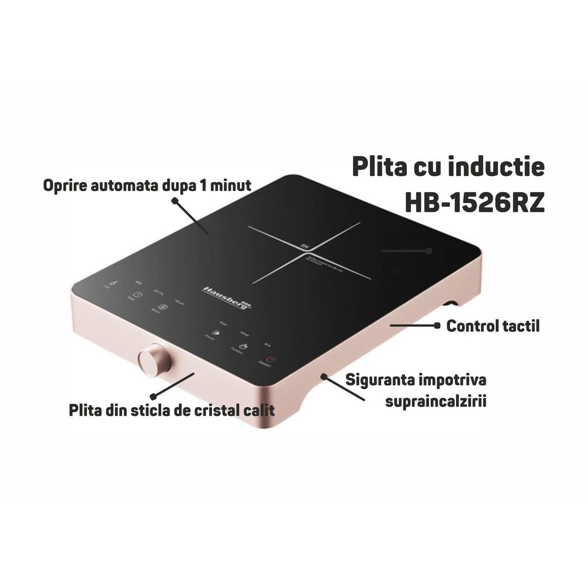 Plita cu inductie Hausberg HB-1526RZ, Roz, 2000W, control tactil, o zona de gatit