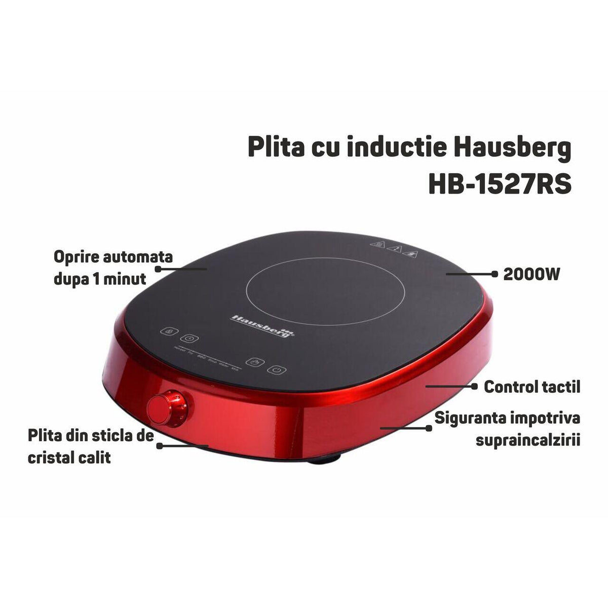 Plita cu inductie Hausberg HB-1527RS, 2000W, control tactil, o zona de gatit, Rosu