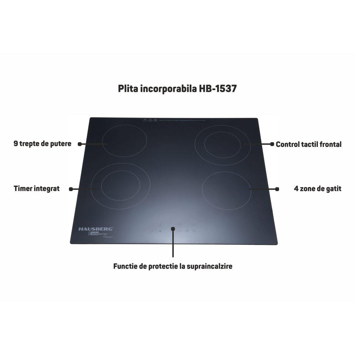 Plita incorporabila HAUSBERG HB-1537, Vitroceramica, 4 zone de gatit, 9 trepte de putere, 3200 W, Touch control, Timer, Sticla Neagra