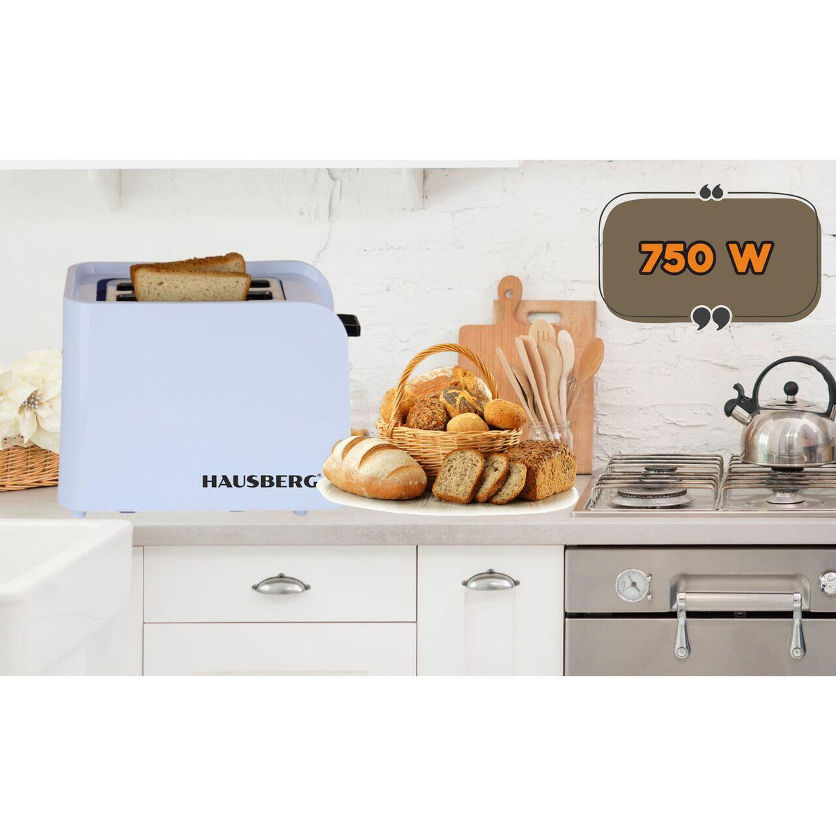 Prajitor de paine Hausberg HB-195NG, 750 W, 2 felii, functie decongelare, functie reincalzire, 6 trepte putere, alb/negru
