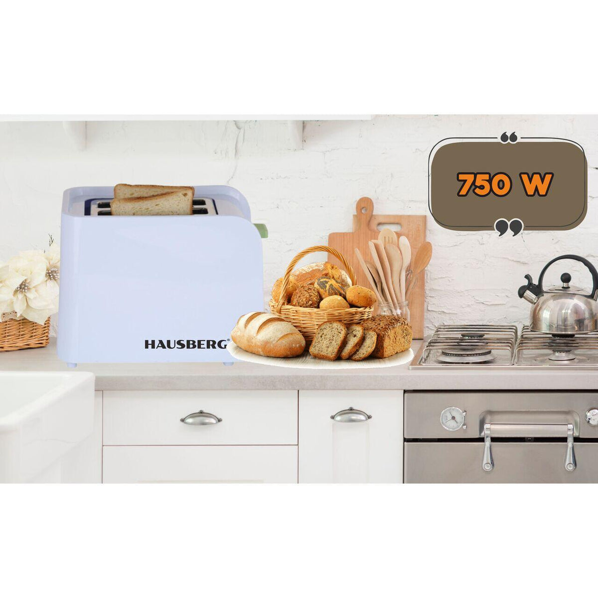 Prajitor de paine Hausberg HB-195VR, 750 W, 2 felii, functie decongelare, functie reincalzire, 6 trepte putere, Alb/Verde