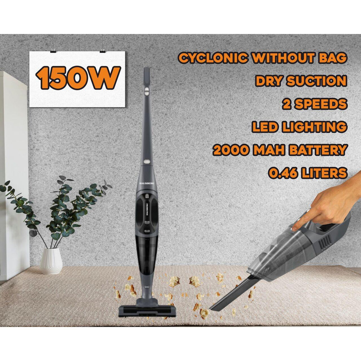Aspirator vertical 2 in 1 HAUSBERG HB-2029GR, 2 viteze, acumulator 2000 mAh, 0.46 litri, 150 W