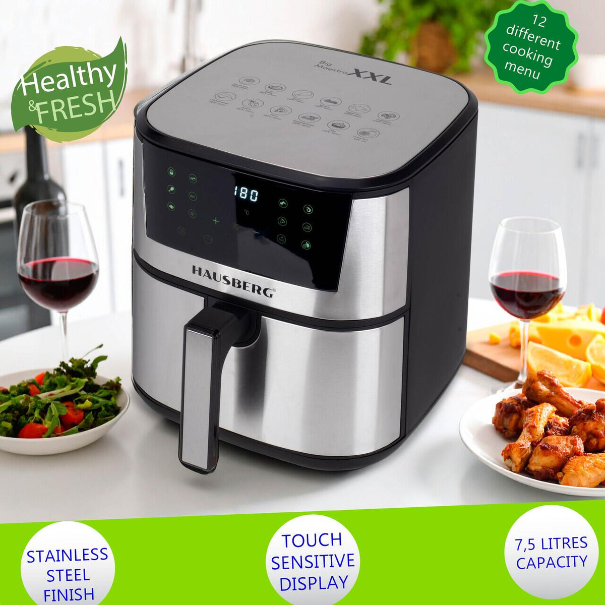 Friteuza Digitala cu aer cald HAUSBERG HB-2363IN, 1650-1900 W, 12 programe, capacitate 7.5L, ventilator racire, temperatura ajustabila, timer 60 minute, Inox