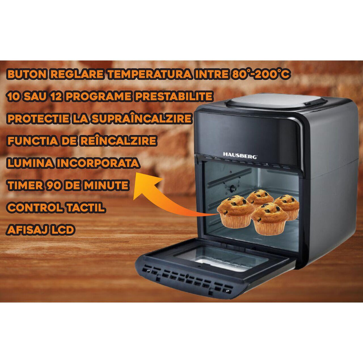 Friteuza fara ulei-Cuptor cu aer cald, Air Fryer HAUSBERG HB-2370, 12 programe, capacitate 12L, putere 1800-2000W, reglare temperatura 80-200°C