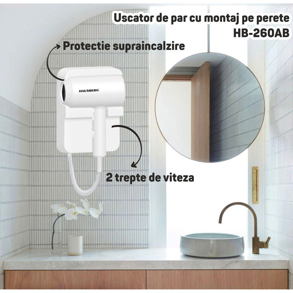 Uscator de par cu montaj pe perete HAUSBERG HB-260AB, 1200W, 2 trepte de viteza, protectie supraincalzire, accesorii incluse