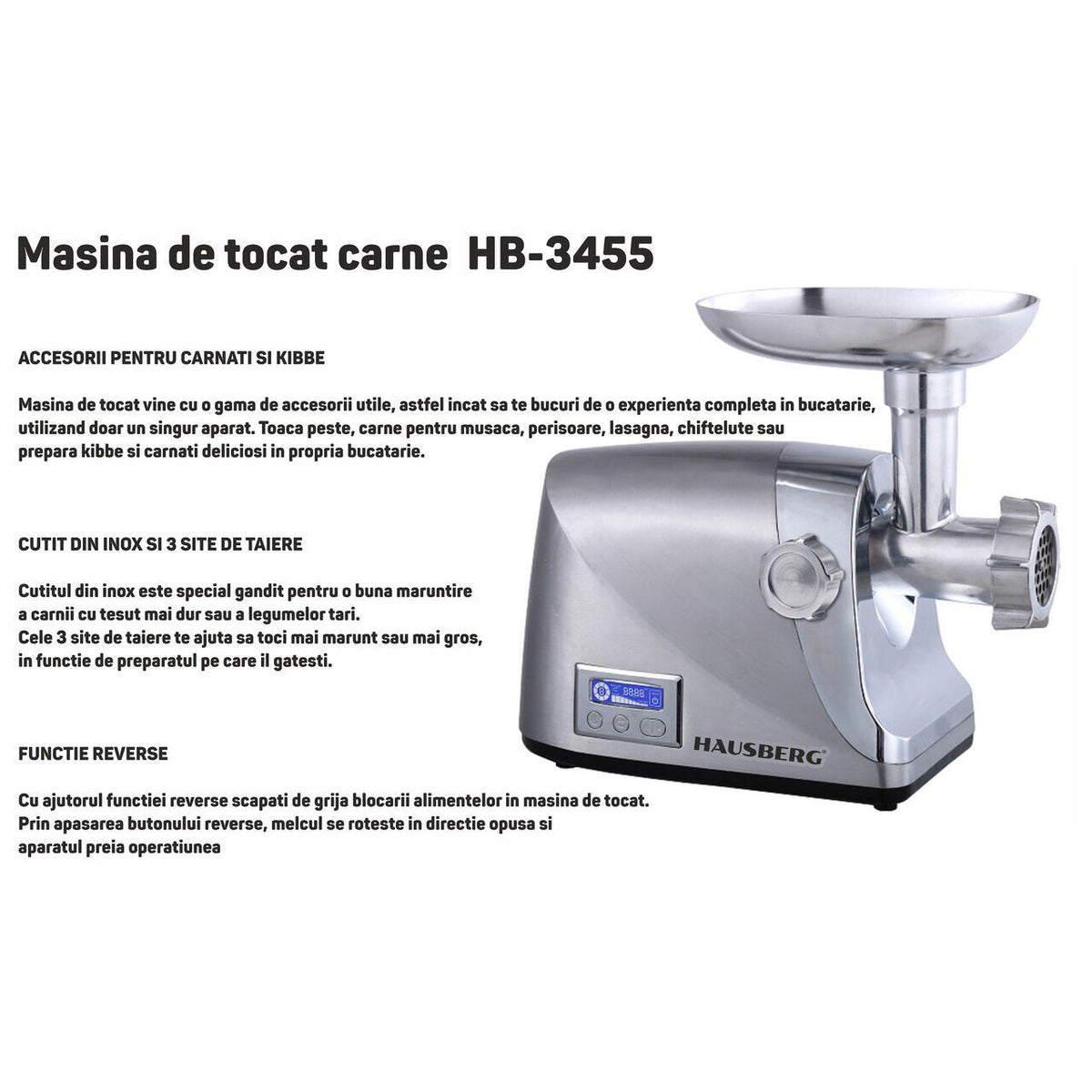 Masina tocat Hausberg HB-3455, 3500W, 2Kg/min, Impingator legume, Carcasa aluminiu, Motor cupru