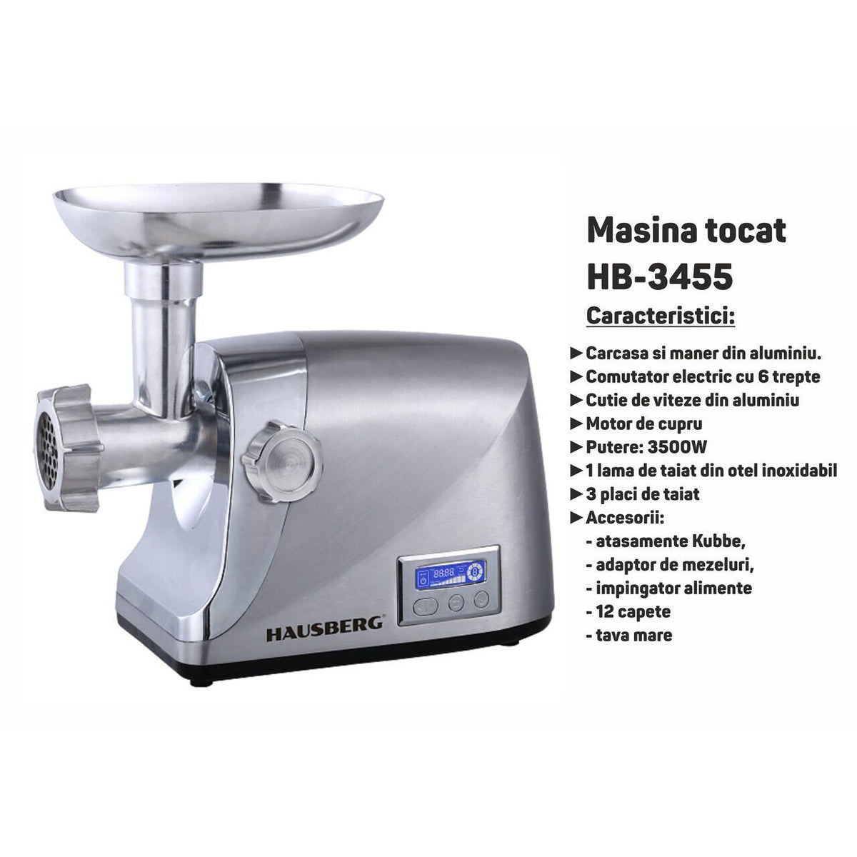 Masina tocat Hausberg HB-3455, 3500W, 2Kg/min, Impingator legume, Carcasa aluminiu, Motor cupru