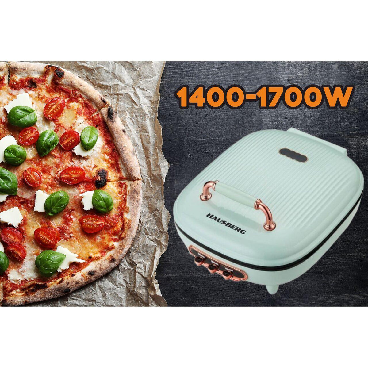 Aparat electric pentru pizza si grill HAUSBERG HB-3565, 1400-1700W, Placa deincalzire cu doua laturi, Termostat, Bachelina