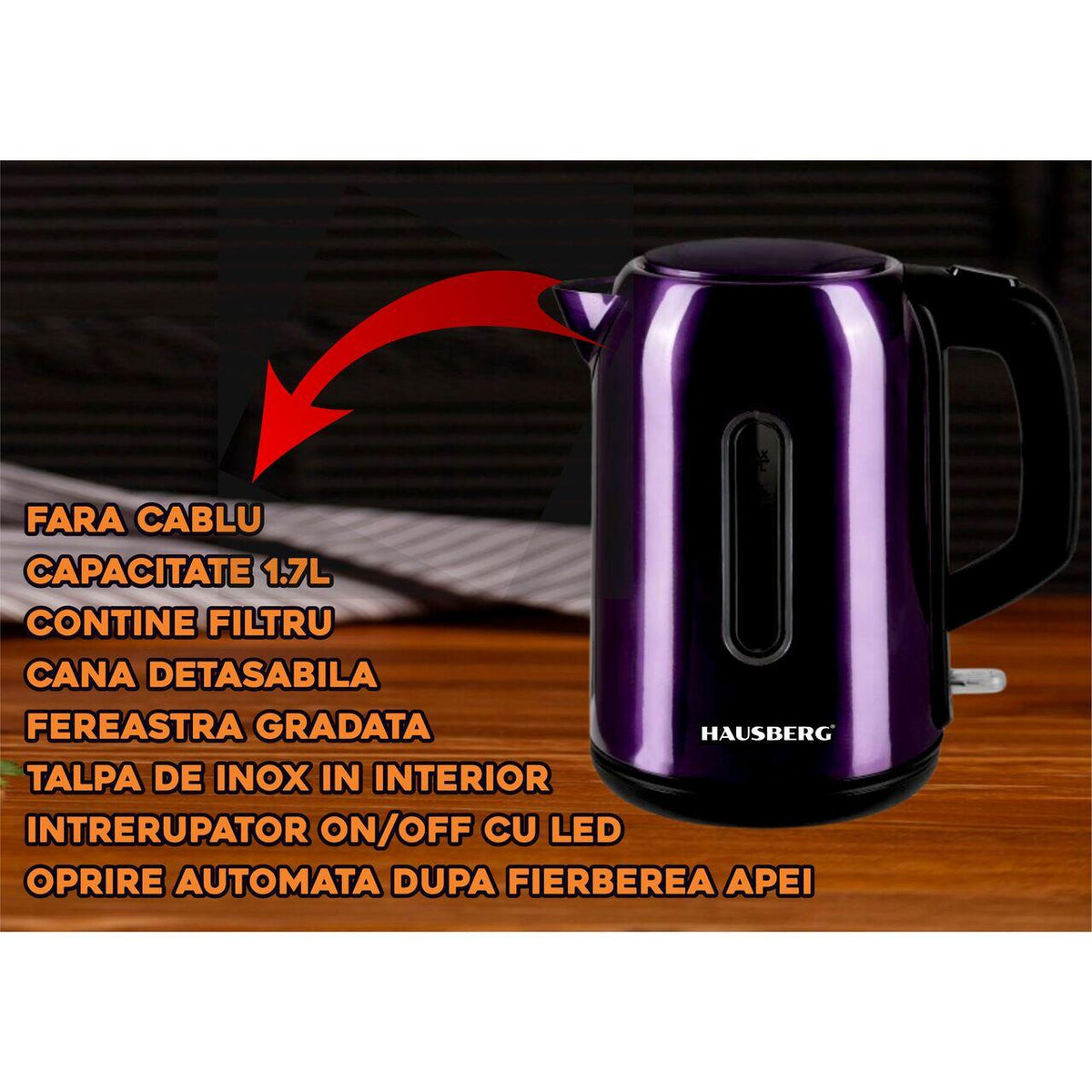 Cana fierbator Hausberg HB-3608MV, 2200 W, 1.7 l, Inox, MOV