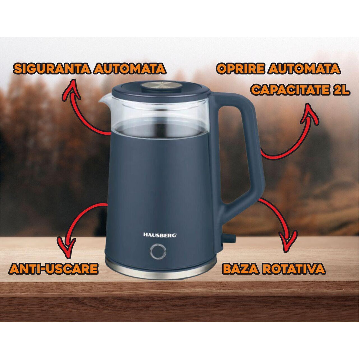 Cana fierbator HAUSBERG HB-3619BL, 1500 - 1800W, capacitate 2L, Anti-uscare, Oprire automata, Material Inox, sticla + plastic Bleu
