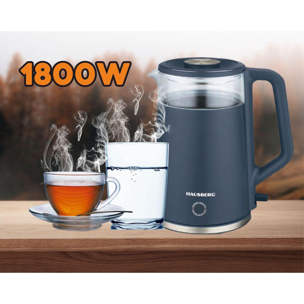 Cana fierbator HAUSBERG HB-3619BL, 1500 - 1800W, capacitate 2L, Anti-uscare, Oprire automata, Material Inox, sticla + plastic Bleu