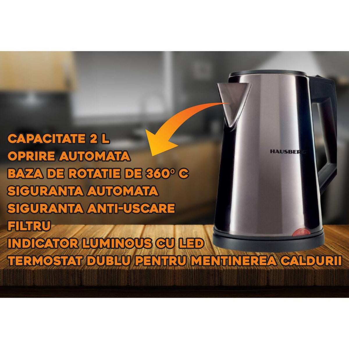 Cana electrica fierbator HAUSBERG HB-3620, 1800W, capacitate 2L, filtru, oprire automata, indicator luminos LED, termostat dublu, Inox