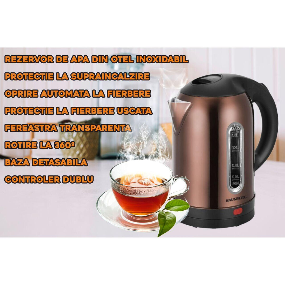 Fierbator apa electric HAUSBERG HB-3621CU, 1500 - 1800 W, 1.8 litri, rezervor de apa din otel inoxidabil, oprire automata la fierbere, rotire la 360 grade, protectie la supraincalzire, baza detasabila