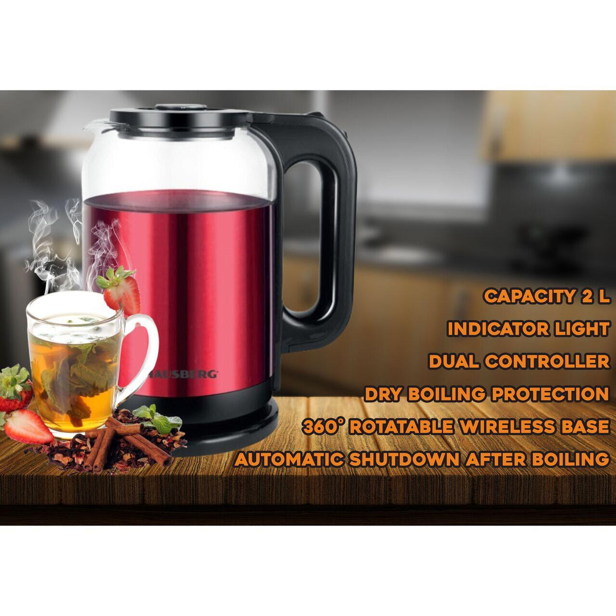 Cana electrica fierbator HAUSBERG HB-3622RS, 1500 - 1800W, capacitate 2L, oprire automata, indicator luminos, Rosu-Negru