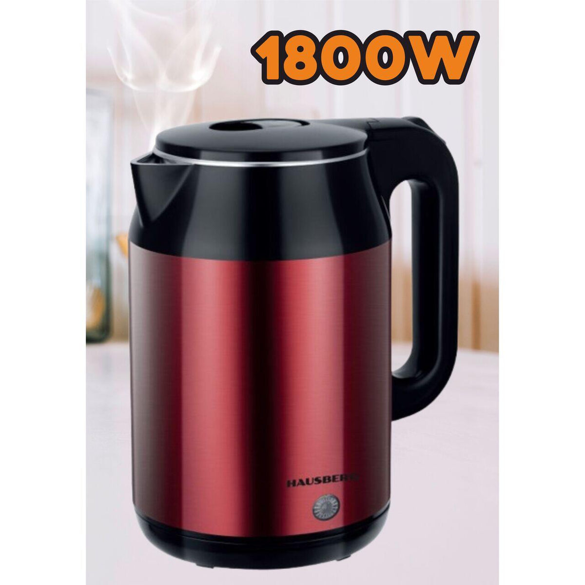 Cana electrica fierbator HAUSBERG HB-3623RS, 1500 - 1800W, capacitate 2.2L, oprire automata, indicator luminous, Rosu-Negru