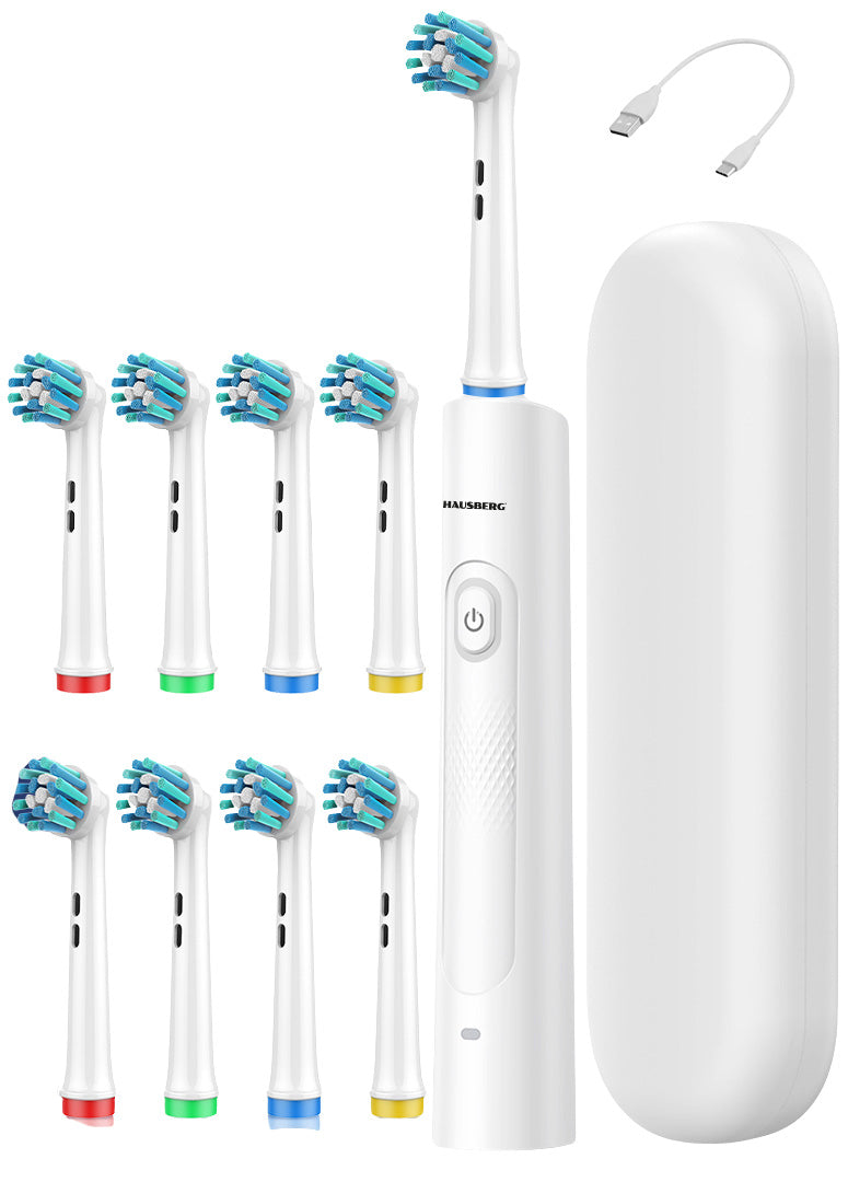 Periuță de dinți electrică reîncărcabilă Hausberg HB-375AB, 7500 rot/min, 3 moduri, Huse/Trusă transport, IP67, USB-C, 10 capete (9+1), Albă