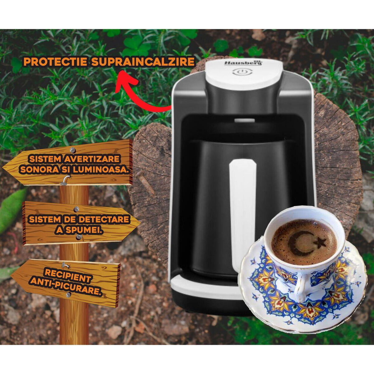 Aparat pentru preparat cafea turceasca Hausberg HB-3800AB, 1 recipient, 400W, avertizare sonora si luminoasa, Alb/Negru