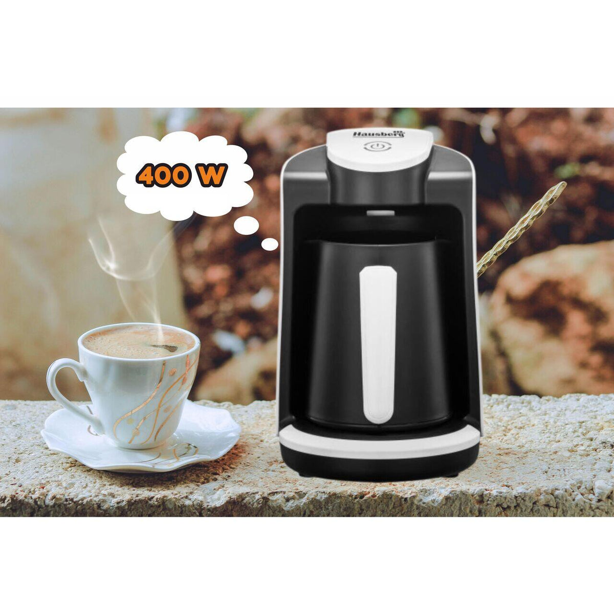 Aparat pentru preparat cafea turceasca Hausberg HB-3800AB, 1 recipient, 400W, avertizare sonora si luminoasa, Alb/Negru