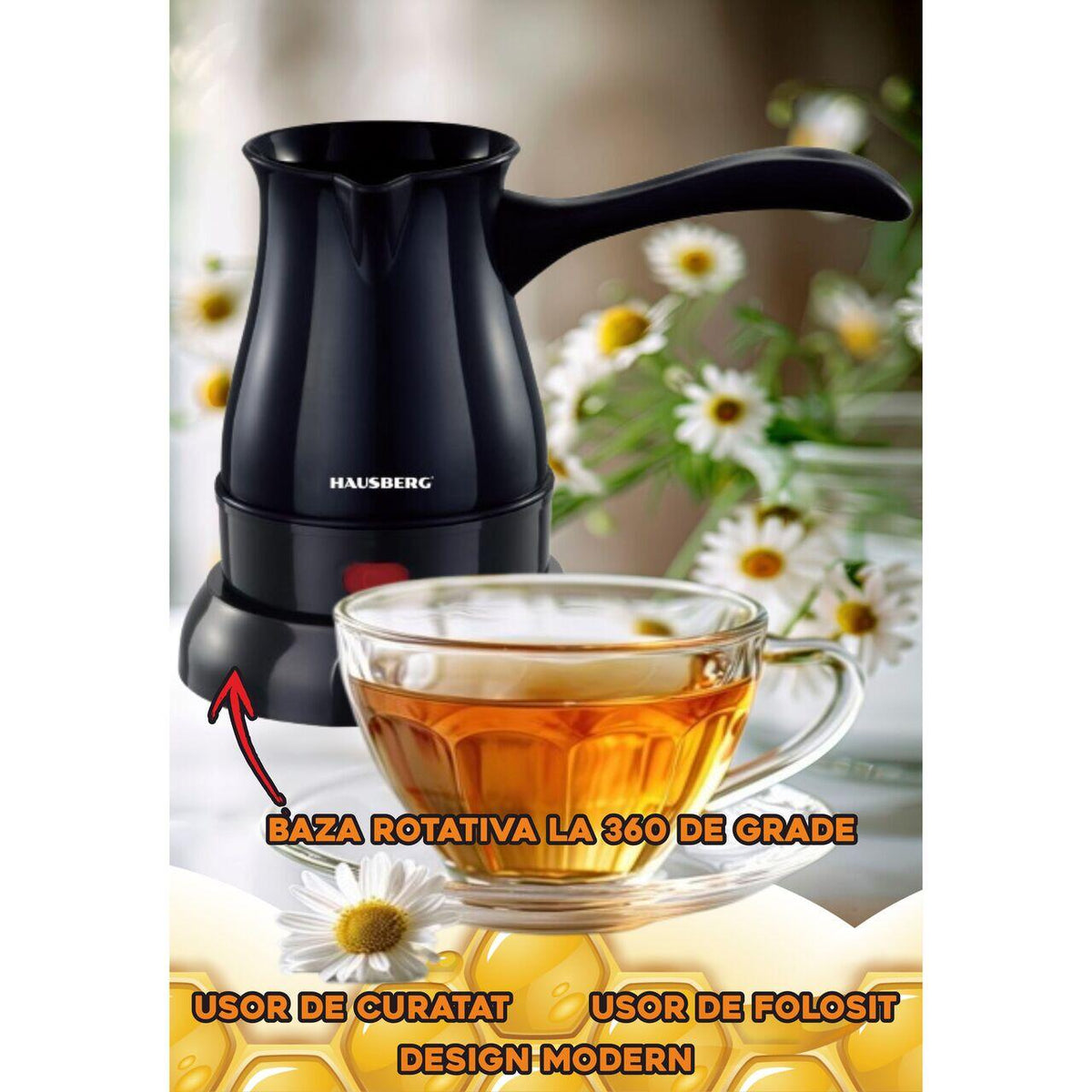 Ibric electric pentru cafea Hausberg HB-3810NG, Putere 600W, Capacitate 800 ml, Negru