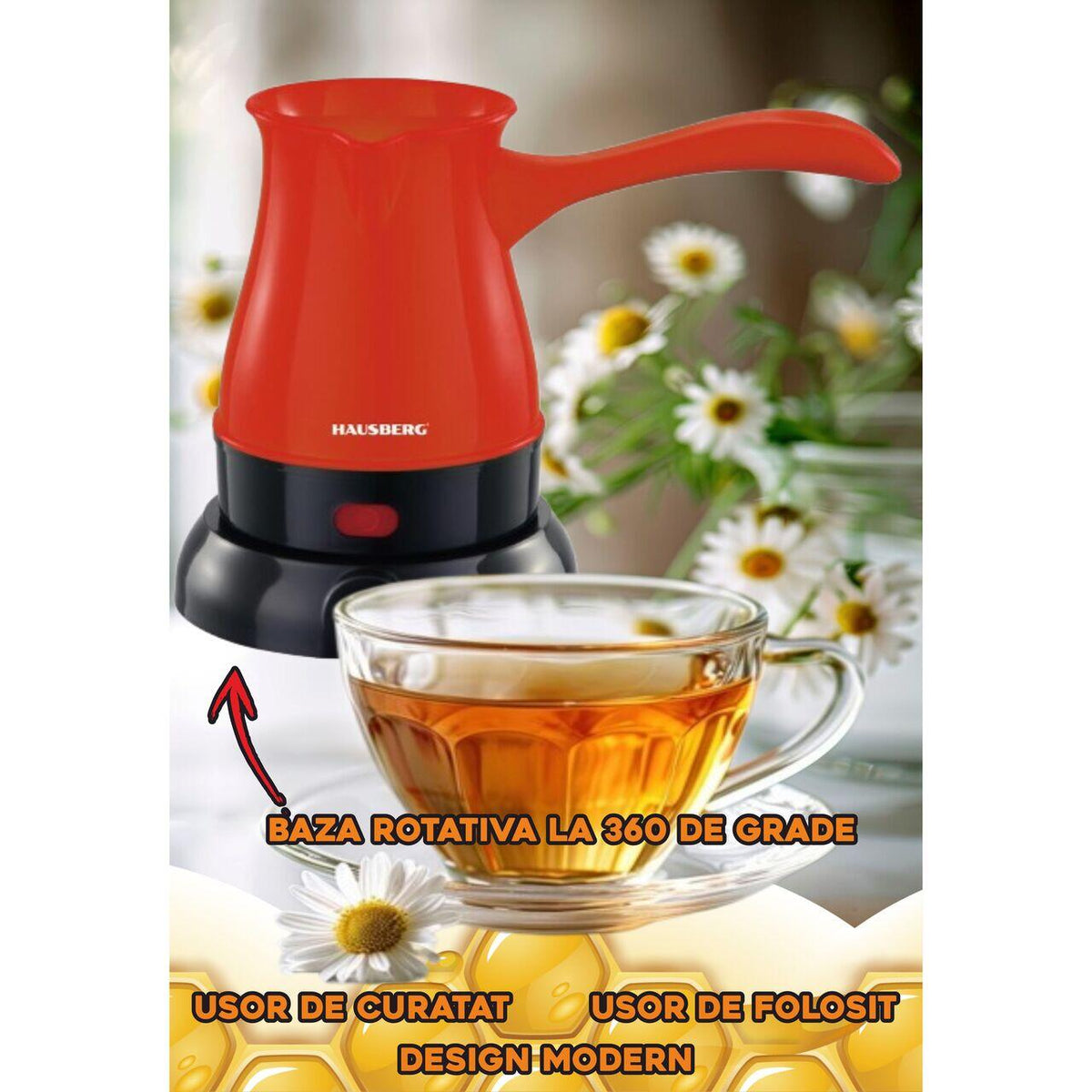 Ibric electric pentru cafea Hausberg HB-3810RS, Putere 600W, Capacitate 800 ml, Rosu