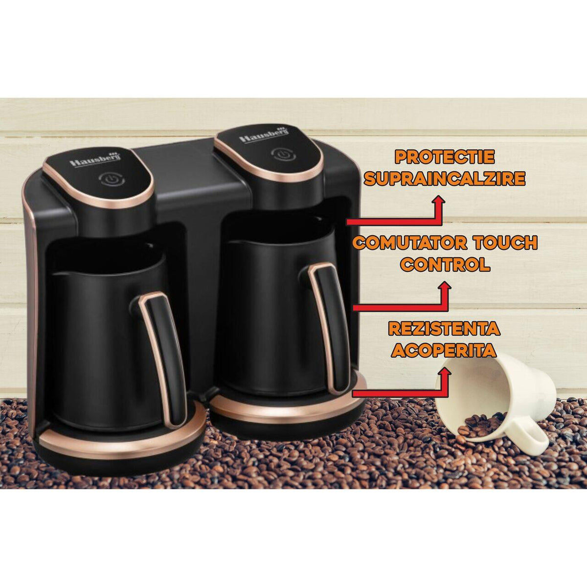 Aparat pentru preparat cafea turceasca Hausberg HB-3820AU, 2 recipiente, 400+400 W, avertizare sonora si luminoasa, Auriu/Negru