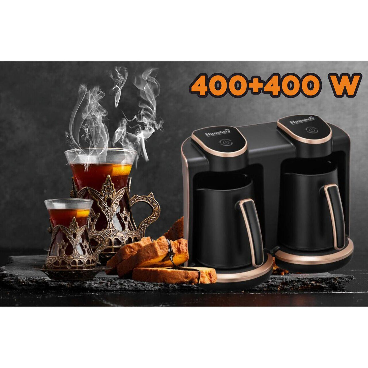 Aparat pentru preparat cafea turceasca Hausberg HB-3820AU, 2 recipiente, 400+400 W, avertizare sonora si luminoasa, Auriu/Negru