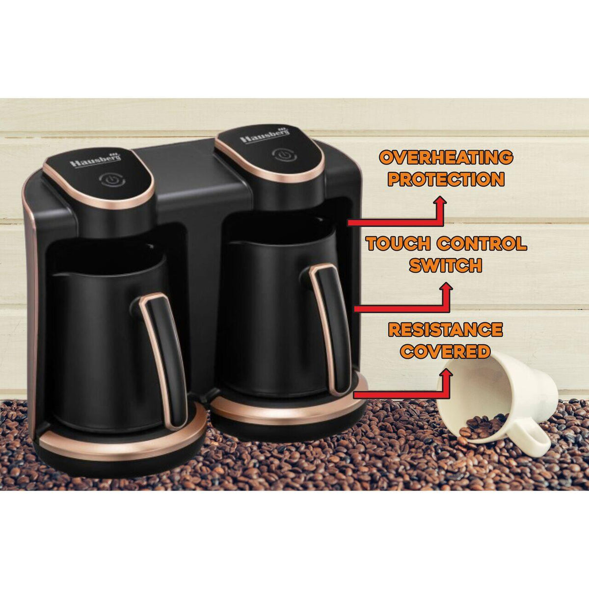 Aparat pentru preparat cafea turceasca Hausberg HB-3820AU, 2 recipiente, 400+400 W, avertizare sonora si luminoasa, Auriu/Negru