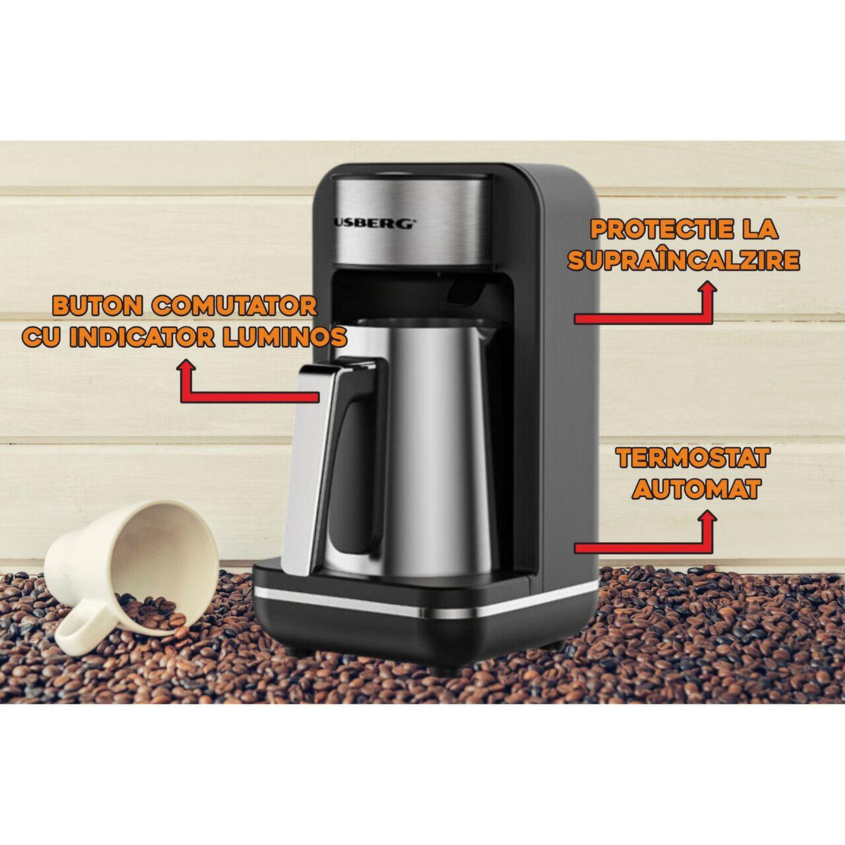 Aparat pentru preparat cafea turceasca HAUSBERG HB-3821IN, 400-500W, 250ml, protective supraincalzire, termostat, Inox-Negru