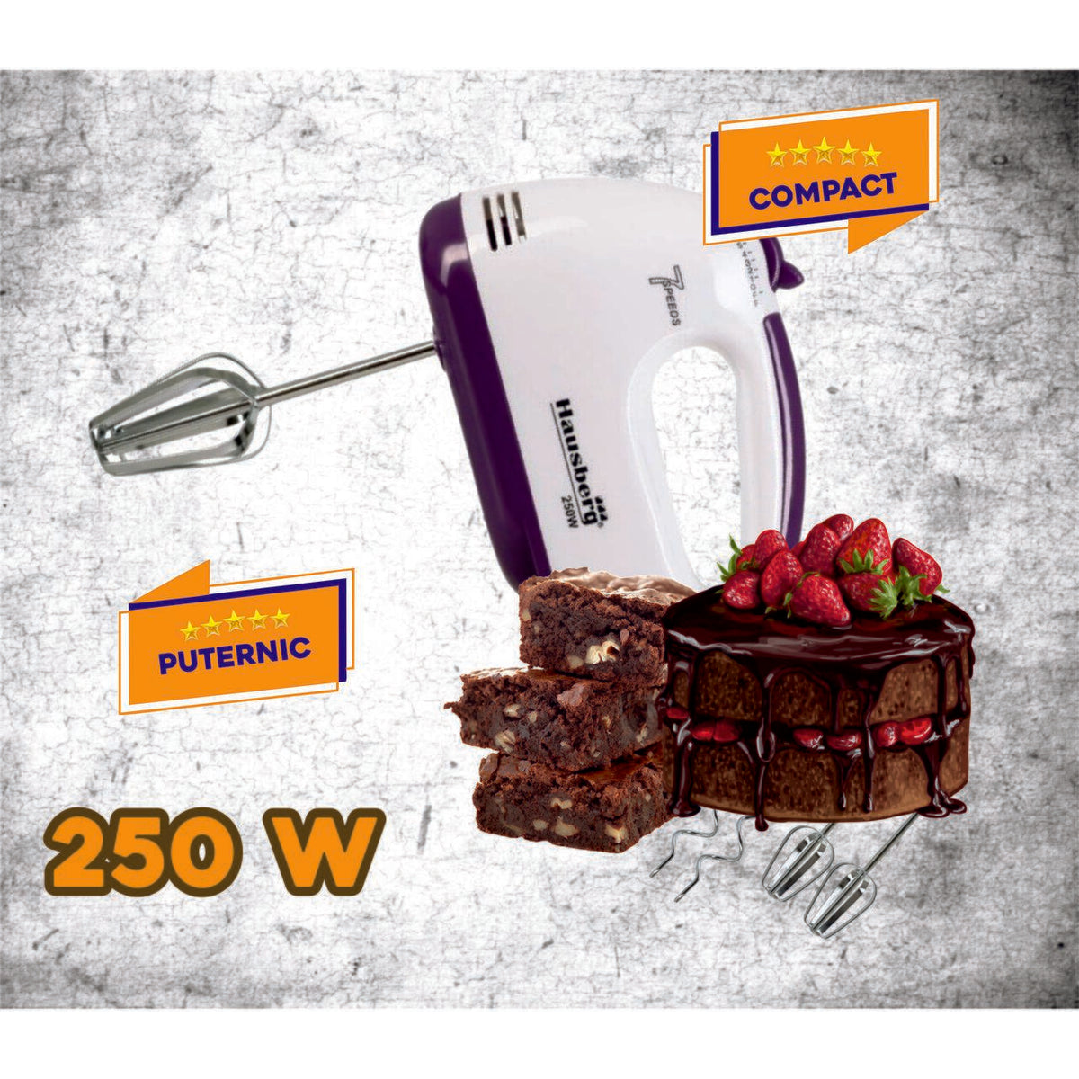 Mixer de mana, Hausberg HB-4112MV, Alb/Mov, 250 W, 7 viteze