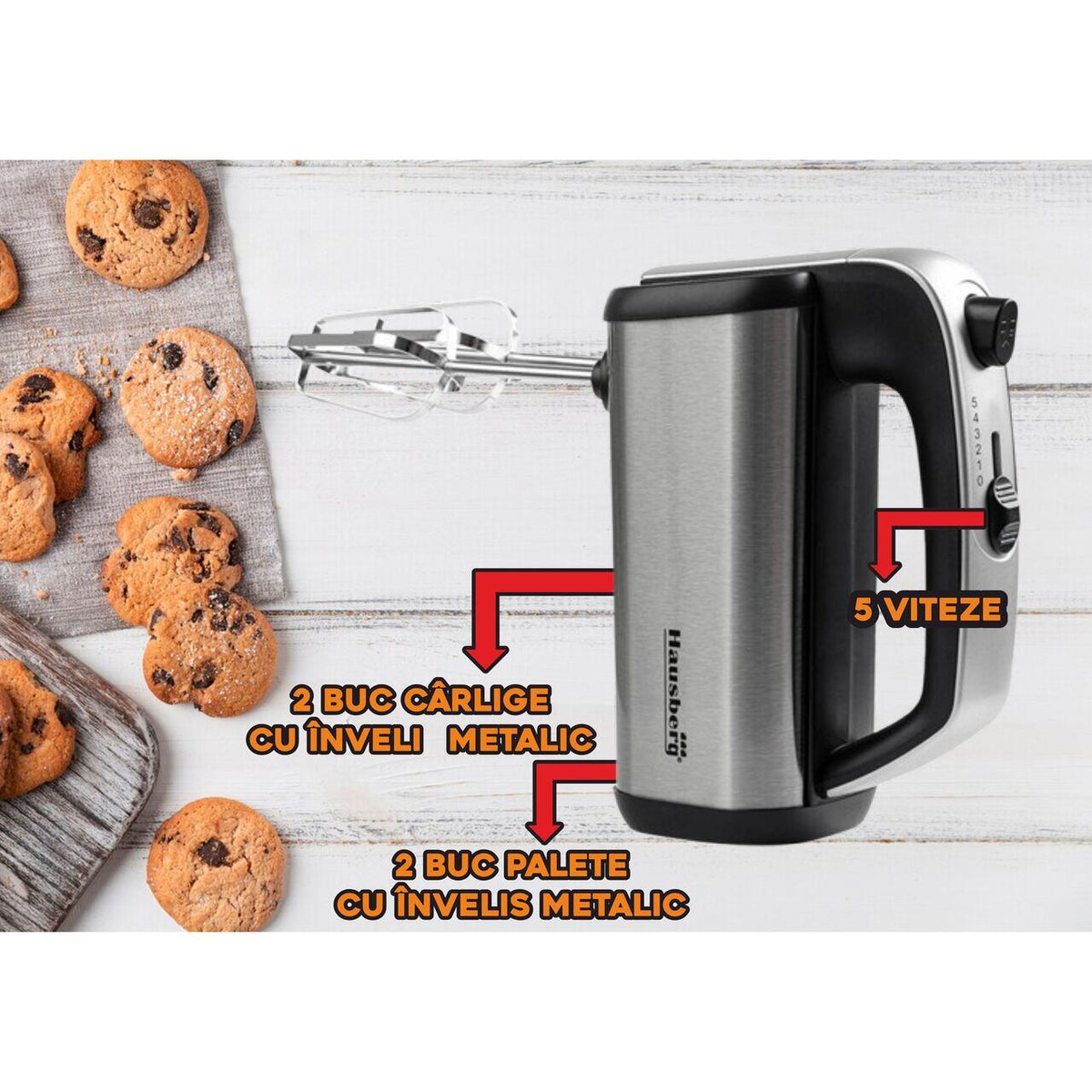 Mixer de Mana HAUSBERG HB-4201NG, 5 viteze, Motor din cupru, 250W-400W, Carcasa Inox