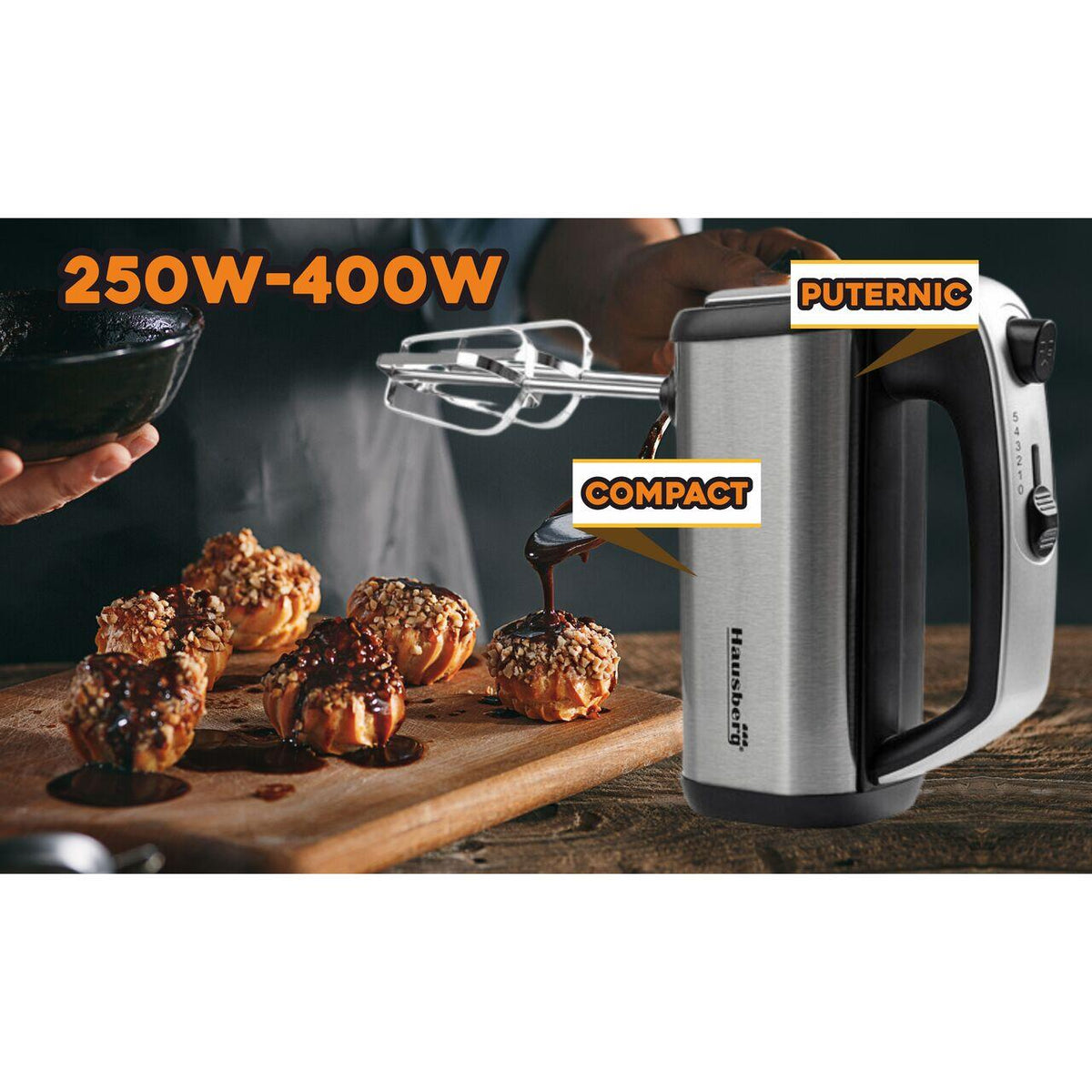 Mixer de Mana HAUSBERG HB-4201NG, 5 viteze, Motor din cupru, 250W-400W, Carcasa Inox