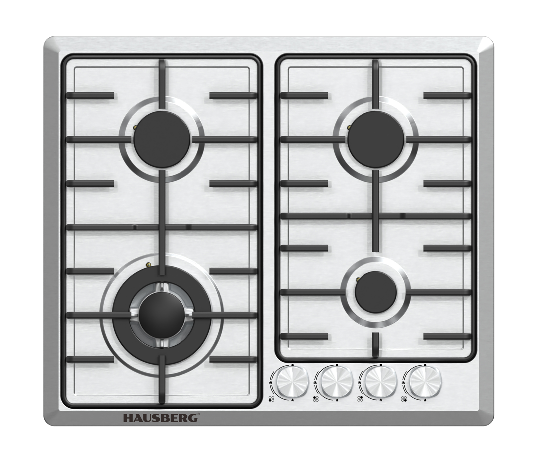 Plită încorporabilă pe gaz Hausberg HB-551IN, Inox, 4 arzătoare (Wok 3.3kW), Siguranță FFD, 60 cm