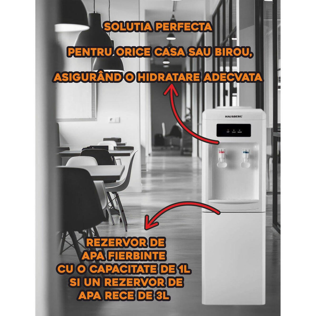 Dozator apa de podea HAUSBERG HB-6024AB, putere incalzire 550 W, putere racire 85 W, rezervor apa inox, termostat automat