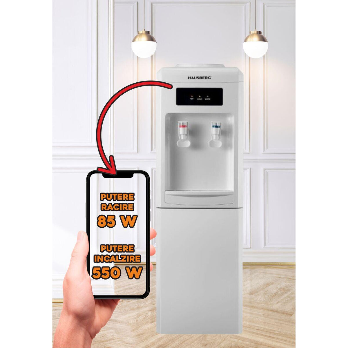 Dozator apa de podea HAUSBERG HB-6024AB, putere incalzire 550 W, putere racire 85 W, rezervor apa inox, termostat automat