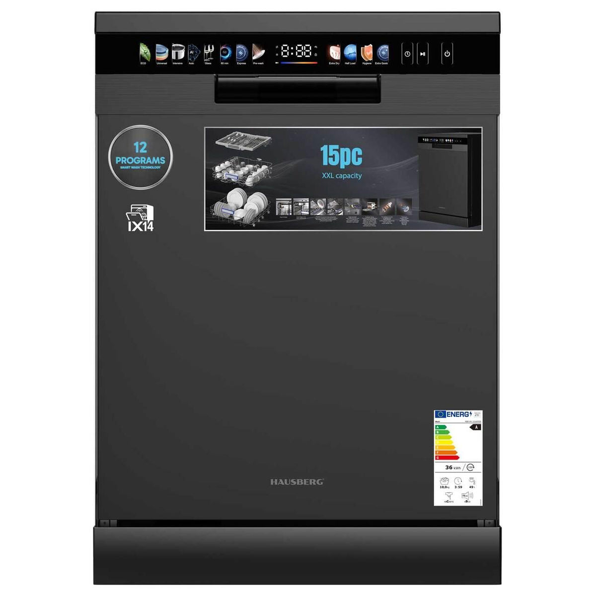 Mașină de spălat vase Hausberg HB-6215NG, digitală, 8+4 programe, negru